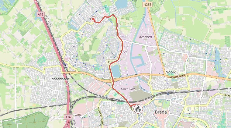 Kaart van de omgeving van de melding, met de kazerne die is gealarmeerd