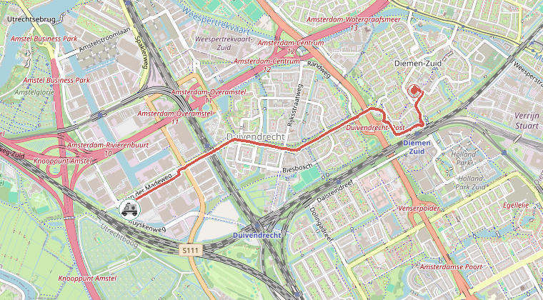 Kaart van de omgeving van de melding, met de kazerne die is gealarmeerd