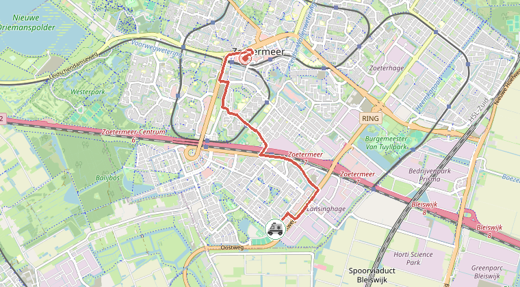 Kaart van de omgeving van de melding, met de kazerne die is gealarmeerd