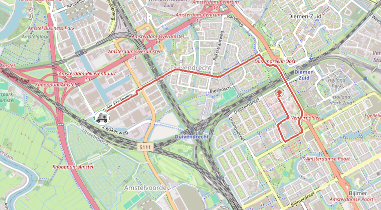 Kaart van de omgeving van de melding, met de kazerne die is gealarmeerd