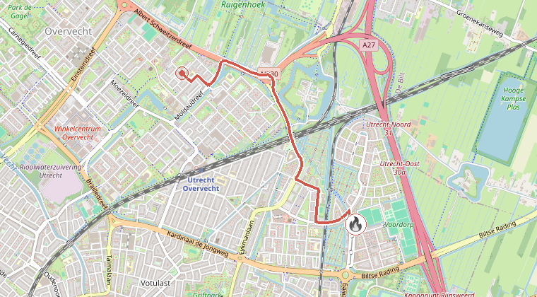 Kaart van de omgeving van de melding, met de kazerne die is gealarmeerd