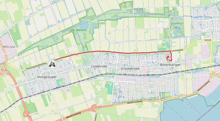 Kaart van de omgeving van de melding, met de kazerne die is gealarmeerd