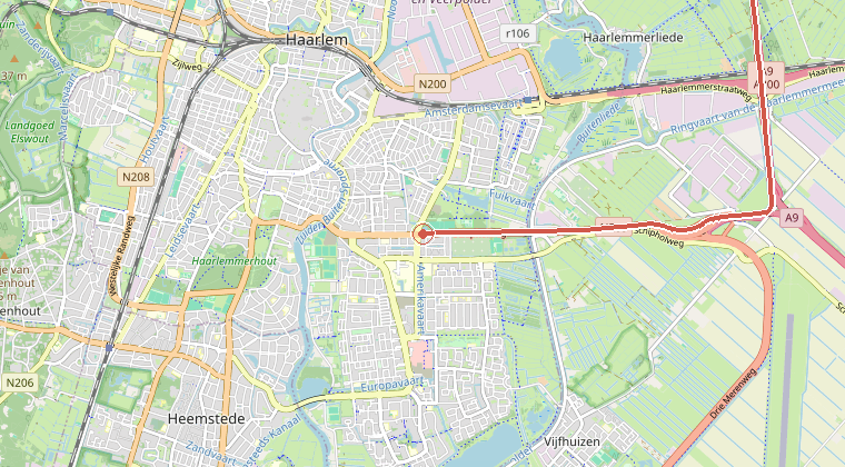 Kaart van de omgeving van de melding, met de kazerne die is gealarmeerd