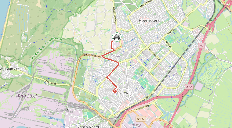 Kaart van de omgeving van de melding, met de kazerne die is gealarmeerd