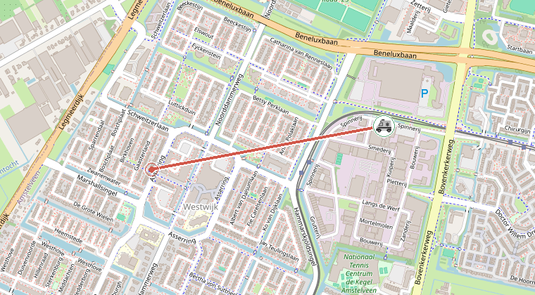Kaart van de omgeving van de melding, met de kazerne die is gealarmeerd
