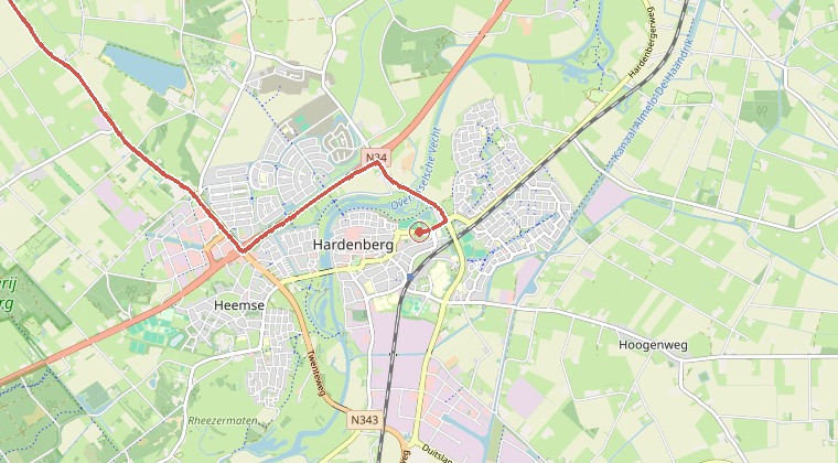 Kaart van de omgeving van de melding, met de kazerne die is gealarmeerd