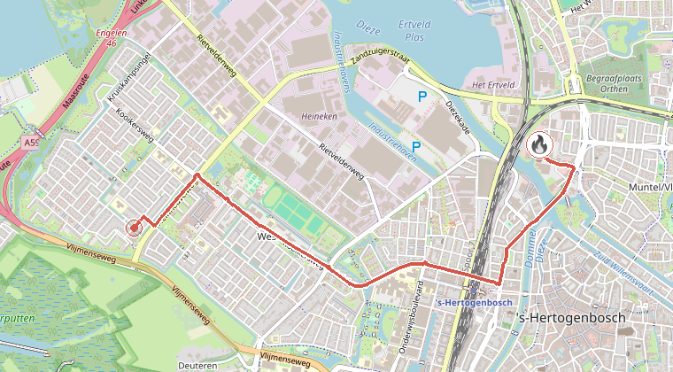 Kaart van de omgeving van de melding, met de kazerne die is gealarmeerd