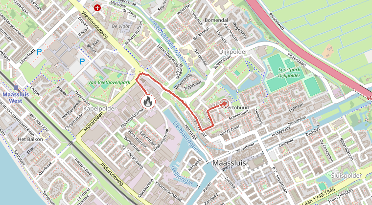 Kaart van de omgeving van de melding, met de kazerne die is gealarmeerd