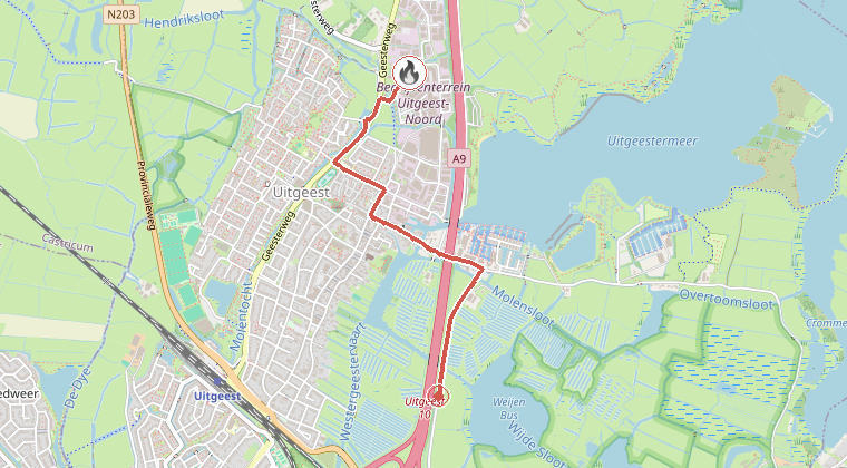 Kaart van de omgeving van de melding, met de kazerne die is gealarmeerd