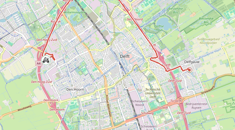 Kaart van de omgeving van de melding, met de kazerne die is gealarmeerd