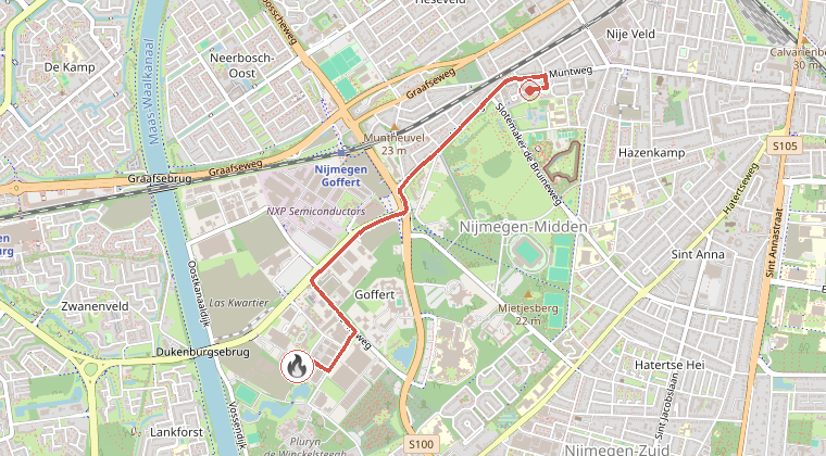 Kaart van de omgeving van de melding, met de kazerne die is gealarmeerd