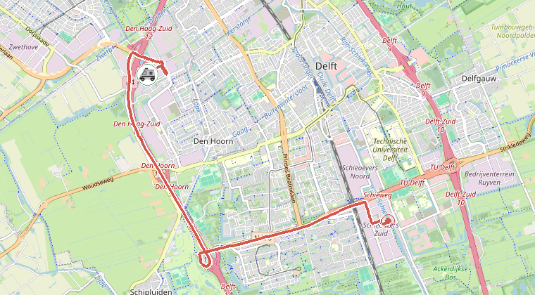 Kaart van de omgeving van de melding, met de kazerne die is gealarmeerd