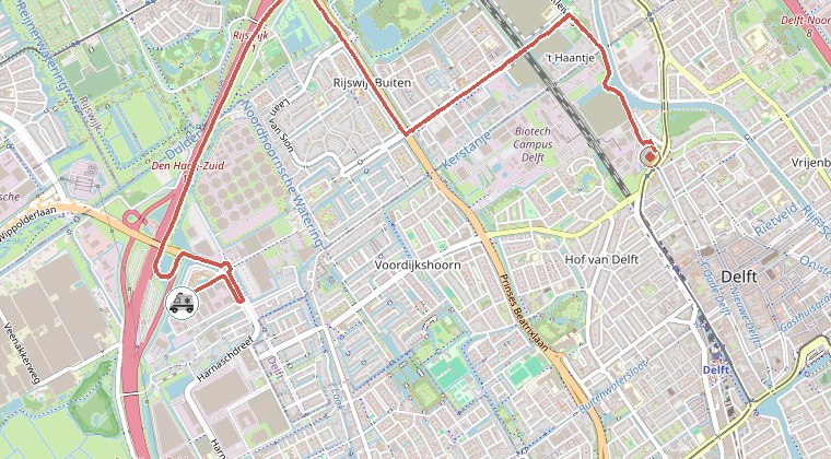 Kaart van de omgeving van de melding, met de kazerne die is gealarmeerd
