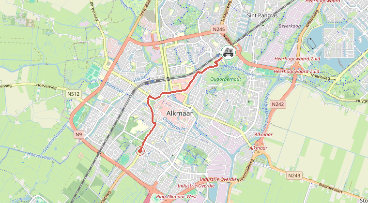 Kaart van de omgeving van de melding, met de kazerne die is gealarmeerd