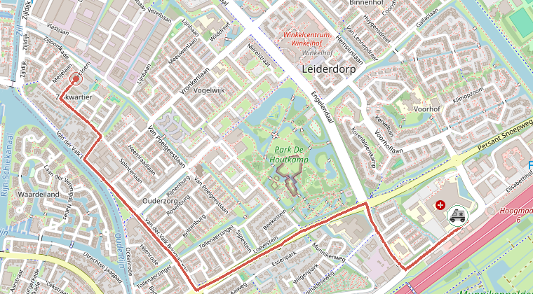 Kaart van de omgeving van de melding, met de kazerne die is gealarmeerd