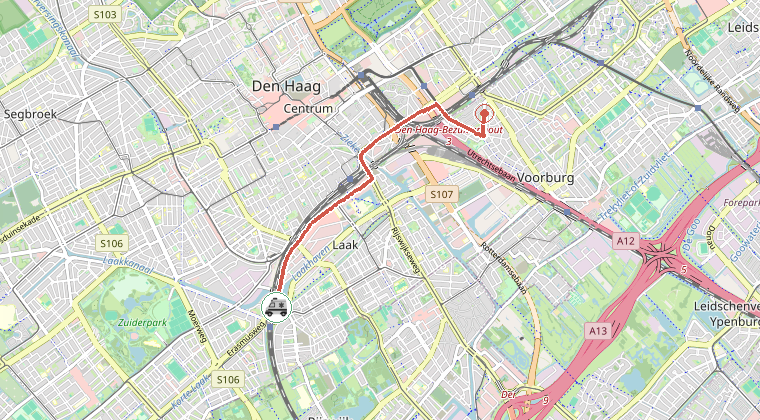 Kaart van de omgeving van de melding, met de kazerne die is gealarmeerd