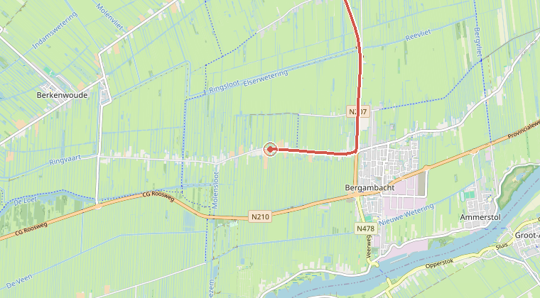 Kaart van de omgeving van de melding, met de kazerne die is gealarmeerd