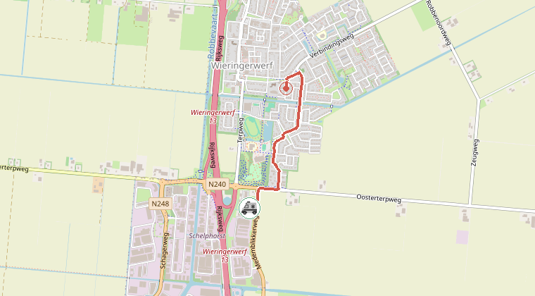 Kaart van de omgeving van de melding, met de kazerne die is gealarmeerd