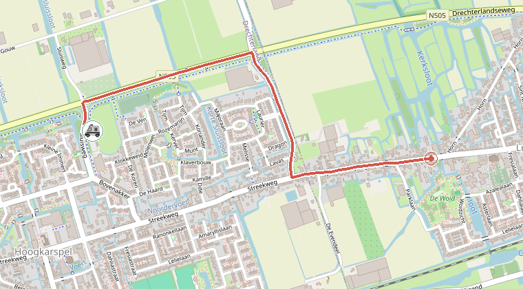 Kaart van de omgeving van de melding, met de kazerne die is gealarmeerd