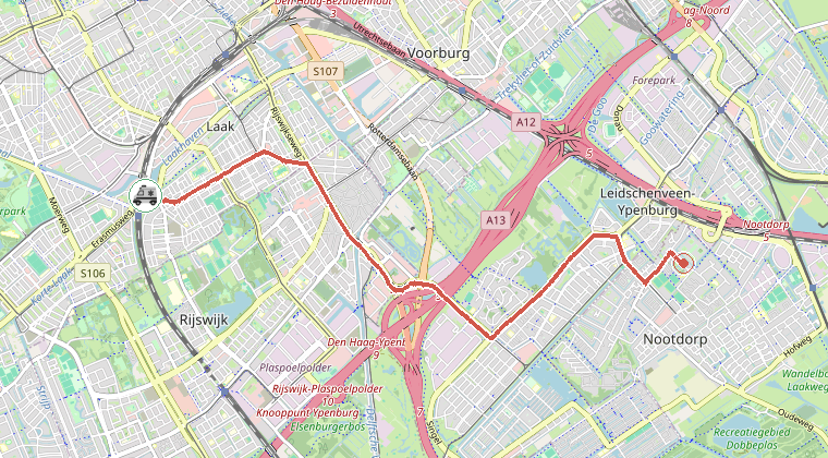 Kaart van de omgeving van de melding, met de kazerne die is gealarmeerd