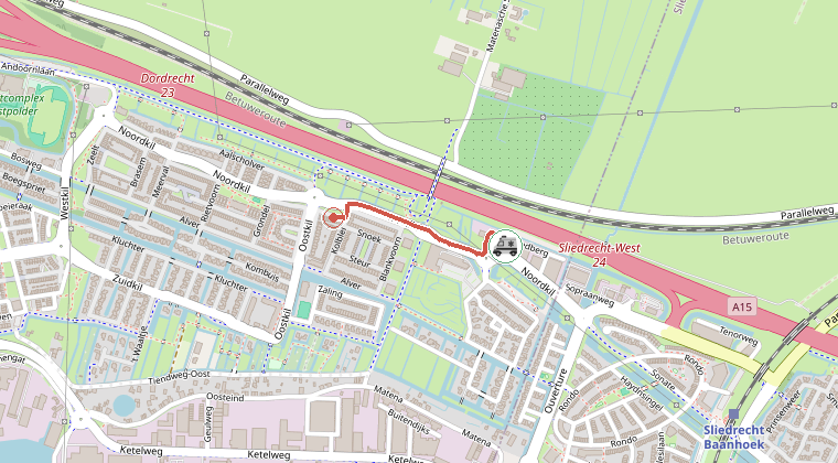 Kaart van de omgeving van de melding, met de kazerne die is gealarmeerd