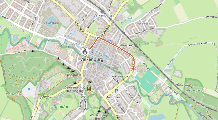 Kaart van de omgeving van de melding, met de kazerne die is gealarmeerd