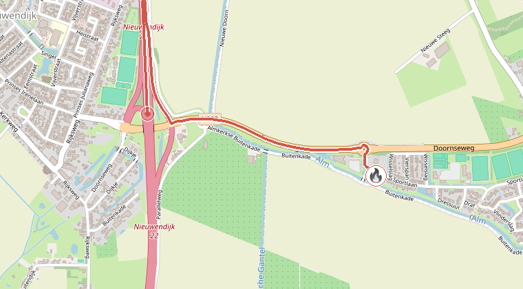 Kaart van de omgeving van de melding, met de kazerne die is gealarmeerd