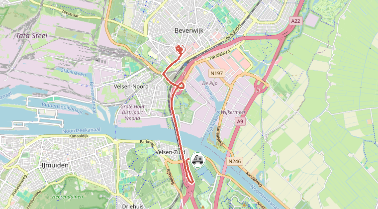 Kaart van de omgeving van de melding, met de kazerne die is gealarmeerd