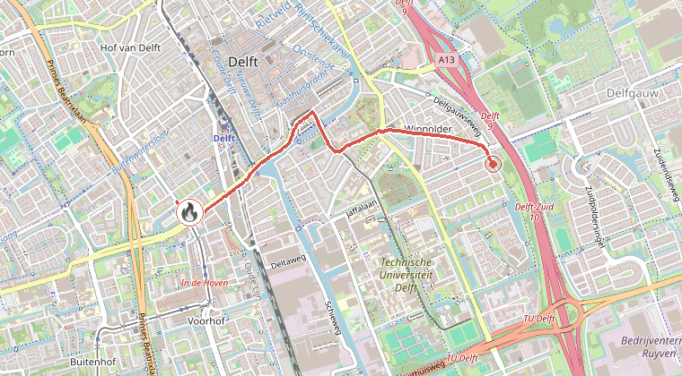 Kaart van de omgeving van de melding, met de kazerne die is gealarmeerd