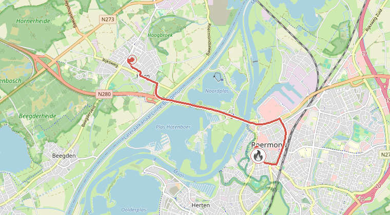 Kaart van de omgeving van de melding, met de kazerne die is gealarmeerd