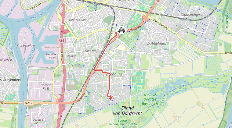 Kaart van de omgeving van de melding, met de kazerne die is gealarmeerd