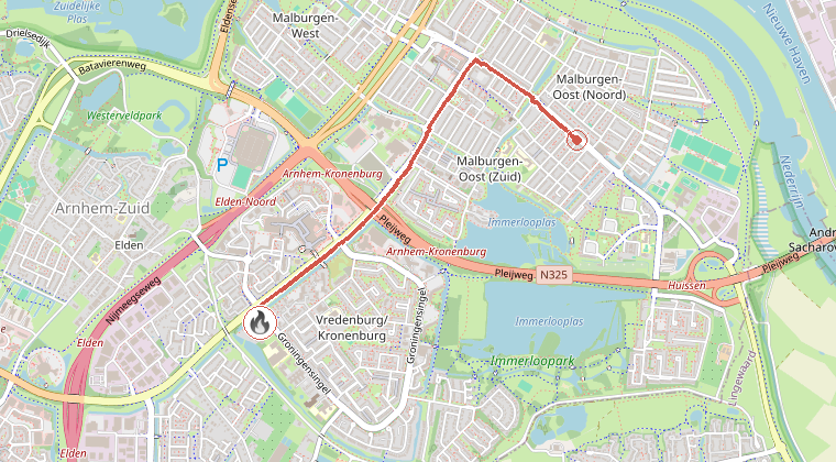 Kaart van de omgeving van de melding, met de kazerne die is gealarmeerd