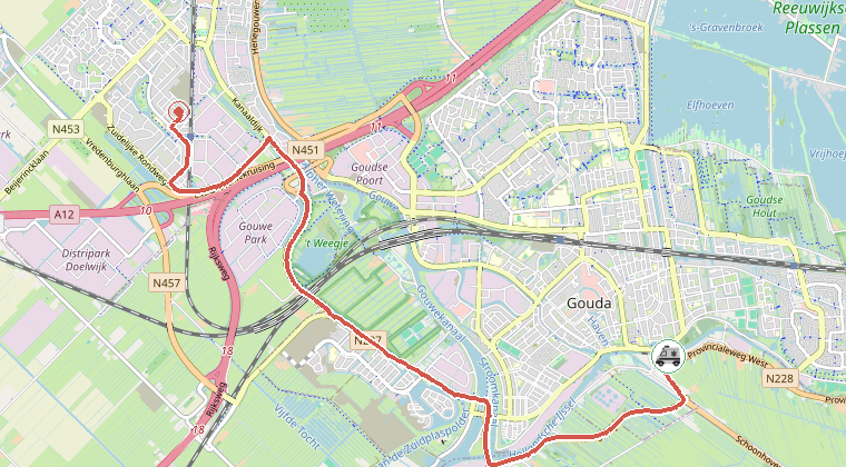 Kaart van de omgeving van de melding, met de kazerne die is gealarmeerd