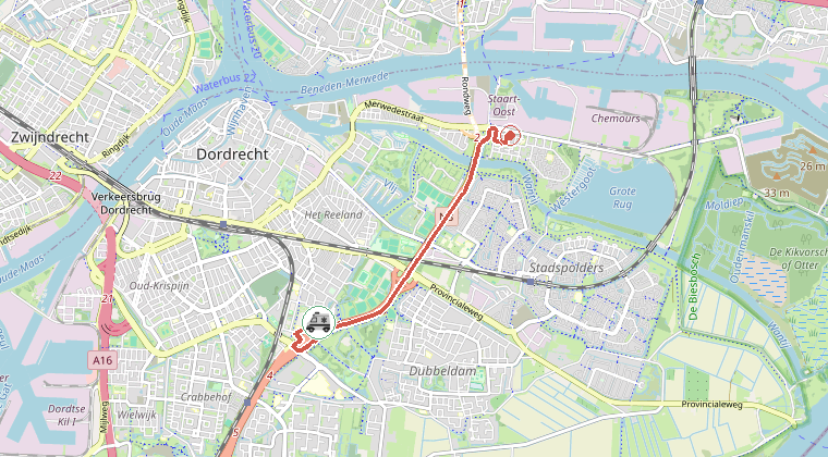 Kaart van de omgeving van de melding, met de kazerne die is gealarmeerd