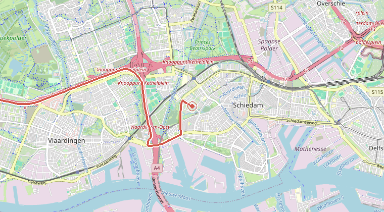 Kaart van de omgeving van de melding, met de kazerne die is gealarmeerd