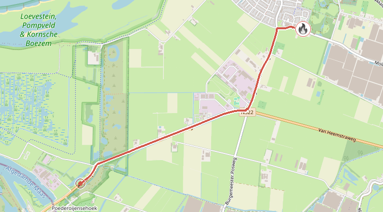 Kaart van de omgeving van de melding, met de kazerne die is gealarmeerd