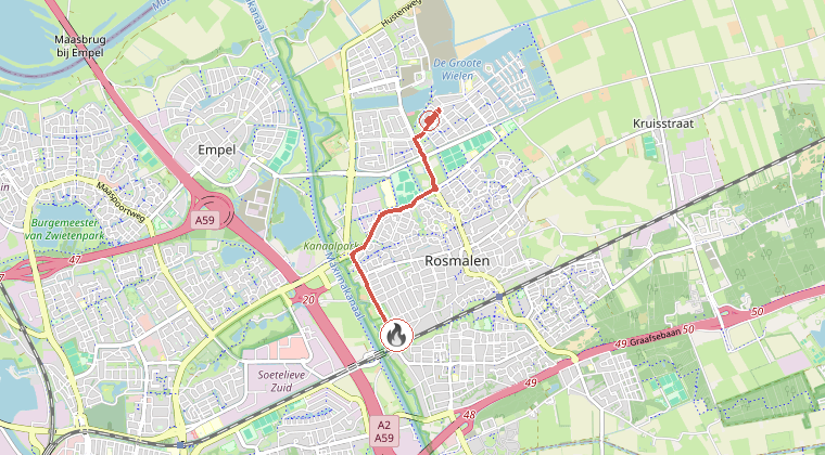 Kaart van de omgeving van de melding, met de kazerne die is gealarmeerd