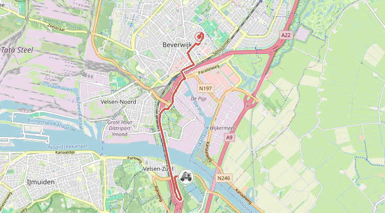 Kaart van de omgeving van de melding, met de kazerne die is gealarmeerd