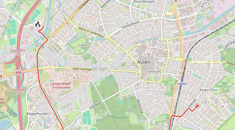 Kaart van de omgeving van de melding, met de kazerne die is gealarmeerd