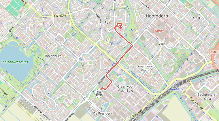 Kaart van de omgeving van de melding, met de kazerne die is gealarmeerd