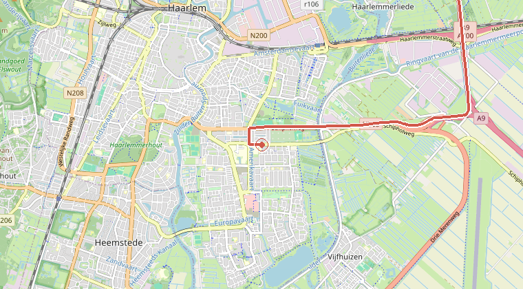 Kaart van de omgeving van de melding, met de kazerne die is gealarmeerd