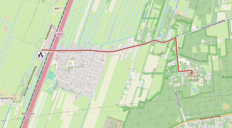 Kaart van de omgeving van de melding, met de kazerne die is gealarmeerd