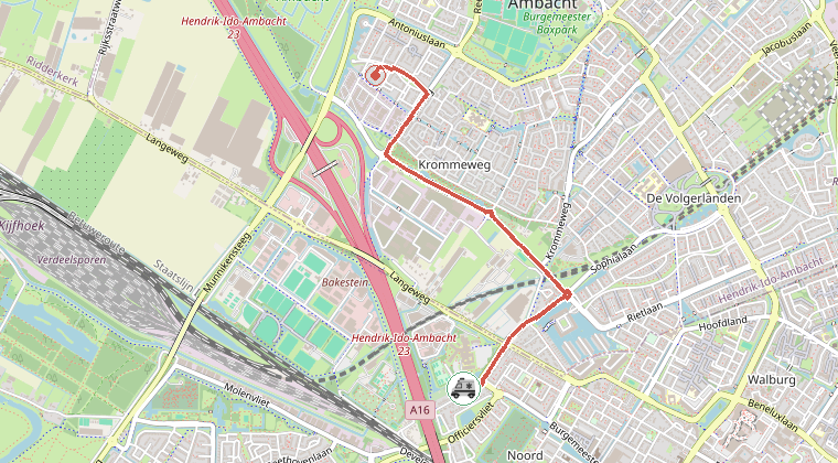 Kaart van de omgeving van de melding, met de kazerne die is gealarmeerd
