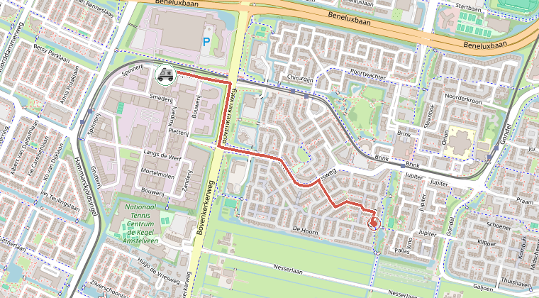Kaart van de omgeving van de melding, met de kazerne die is gealarmeerd
