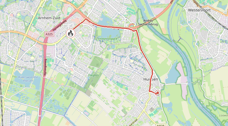Kaart van de omgeving van de melding, met de kazerne die is gealarmeerd
