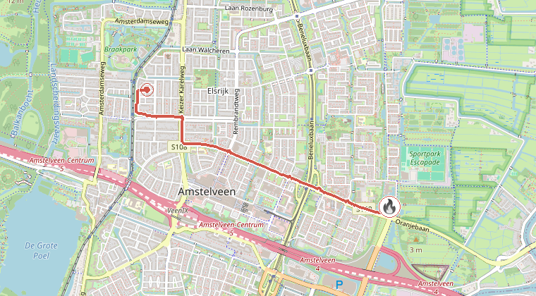 Kaart van de omgeving van de melding, met de kazerne die is gealarmeerd