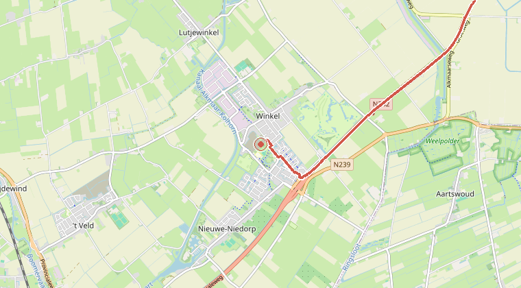 Kaart van de omgeving van de melding, met de kazerne die is gealarmeerd