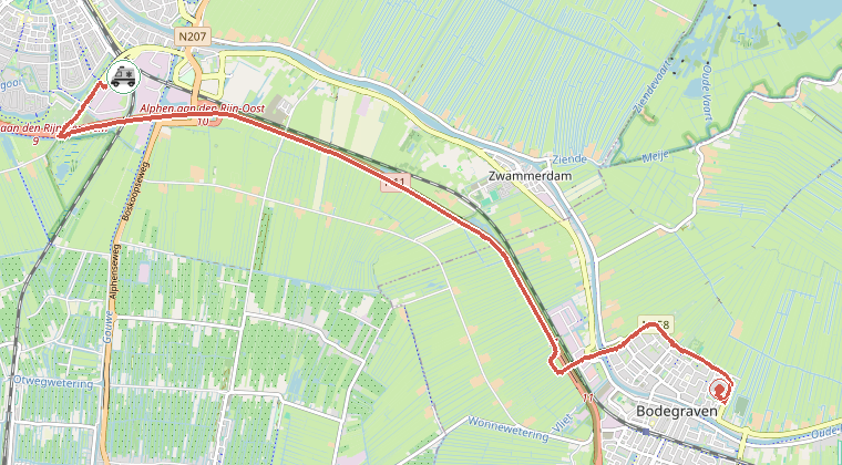 Kaart van de omgeving van de melding, met de kazerne die is gealarmeerd
