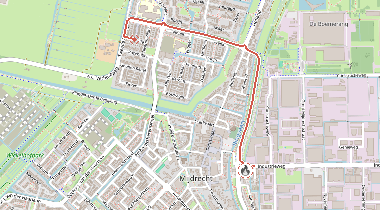 Kaart van de omgeving van de melding, met de kazerne die is gealarmeerd