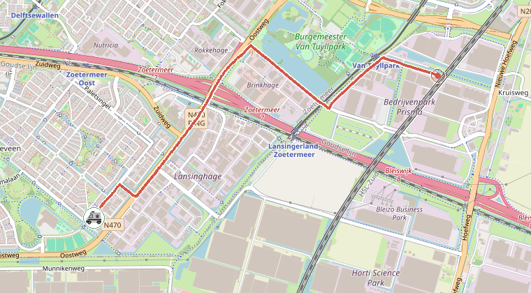 Kaart van de omgeving van de melding, met de kazerne die is gealarmeerd